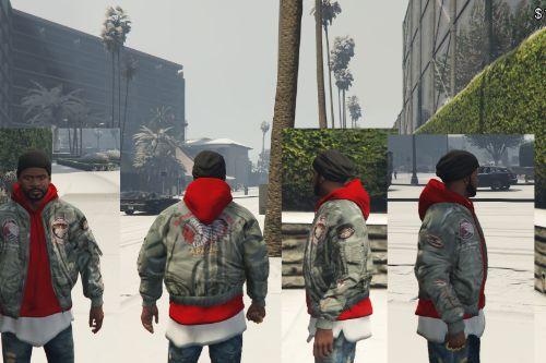 Schott bomber jacket & red hoodie
